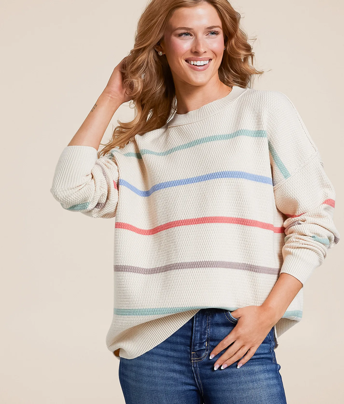 BKE Striped Knit Sweater Multi Stripe Outlet