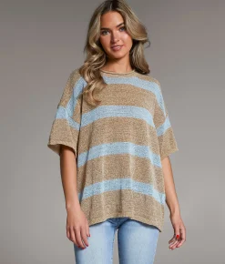 BKE Striped Knit Sweater Taupe Blue