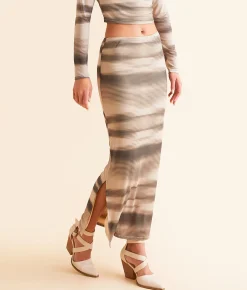 Willow & Root Striped Mesh Midi Skirt Taupe Combo Outlet