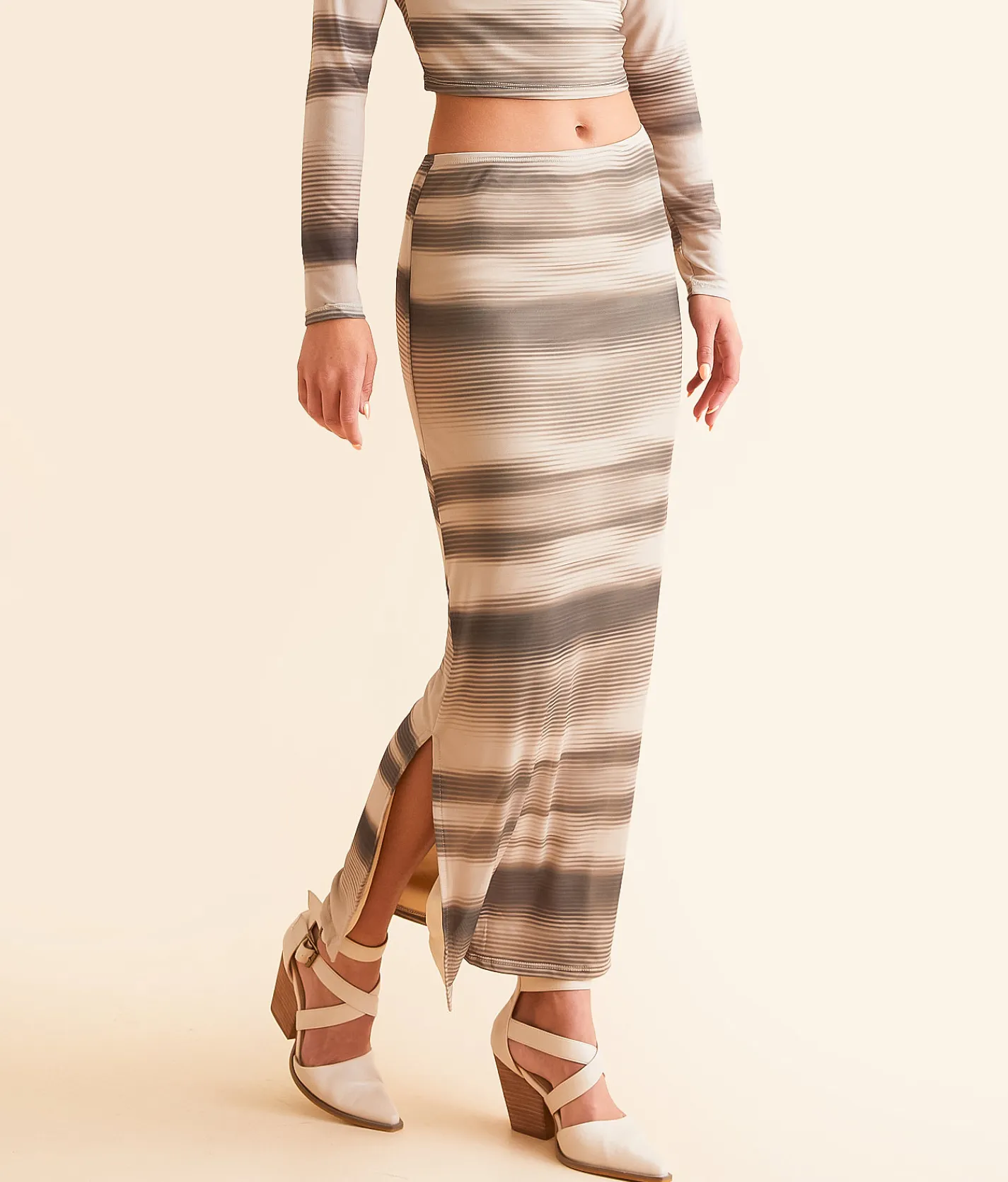 Willow & Root Striped Mesh Midi Skirt Taupe Combo Outlet