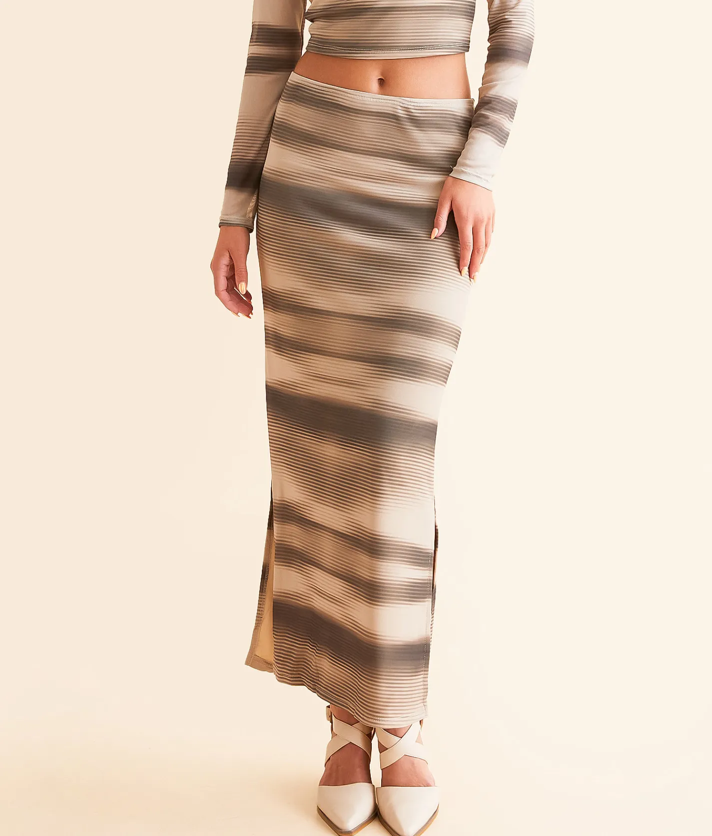 Willow & Root Striped Mesh Midi Skirt Taupe Combo Outlet