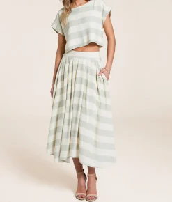 Bottoms | Blu Pepper Striped Midi Skirt Cream Green