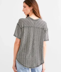 BKE Striped Open Weave Top Black Cream Discount