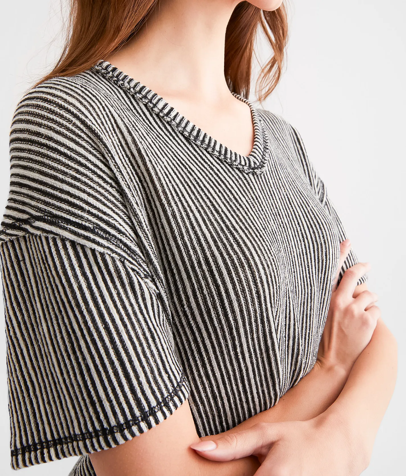 BKE Striped Open Weave Top Black Cream Discount
