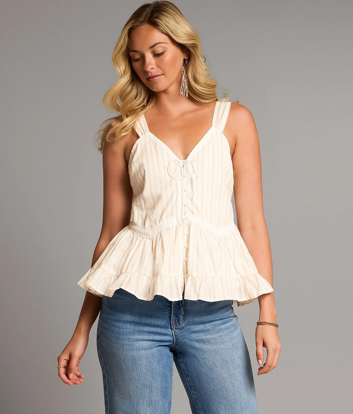 BKE Striped Peplum Tank Top Cream Sale