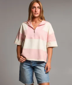 BKE Striped Quarter Zip Pullover Cherry Blossom Discount