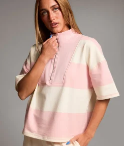 BKE Striped Quarter Zip Pullover Cherry Blossom Discount
