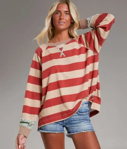Tops | BKE Striped Raw Edge Oversized Pullover Red Tan Stripe
