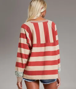 Tops | BKE Striped Raw Edge Oversized Pullover Red Tan Stripe