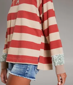 Tops | BKE Striped Raw Edge Oversized Pullover Red Tan Stripe