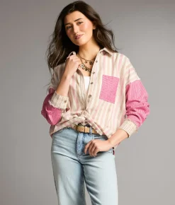 Tops | BKE Striped Raw Edge Shirt Tan Pink