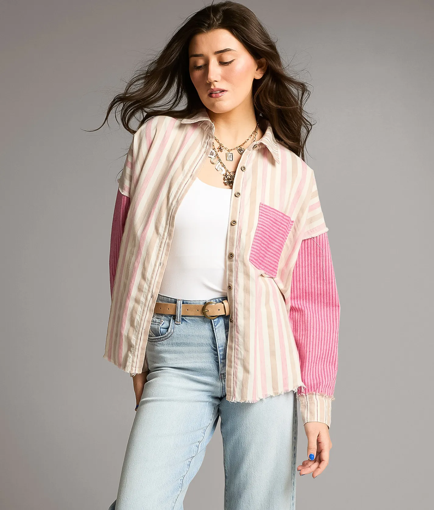 Tops | BKE Striped Raw Edge Shirt Tan Pink