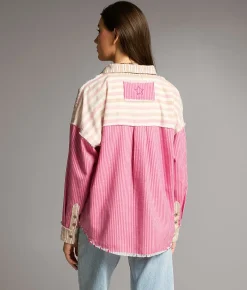 Tops | BKE Striped Raw Edge Shirt Tan Pink