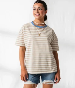 Tops | 33 Coastal Striped Ringer Oversized T-Shirt Cream Taupe