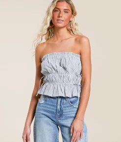 Willow & Root Striped Ruffle Tube Top Blue White Online