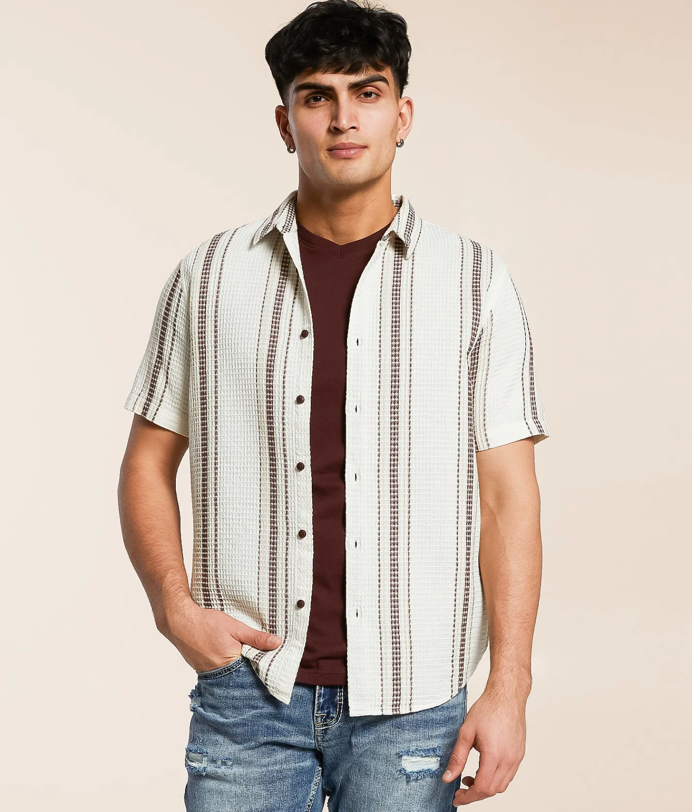 Tops | Nova Industries Striped Shirt Cream Brown