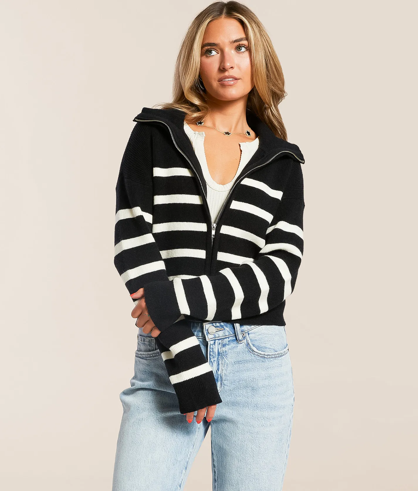 Double Zero Striped Sweater Cream Black Clearance