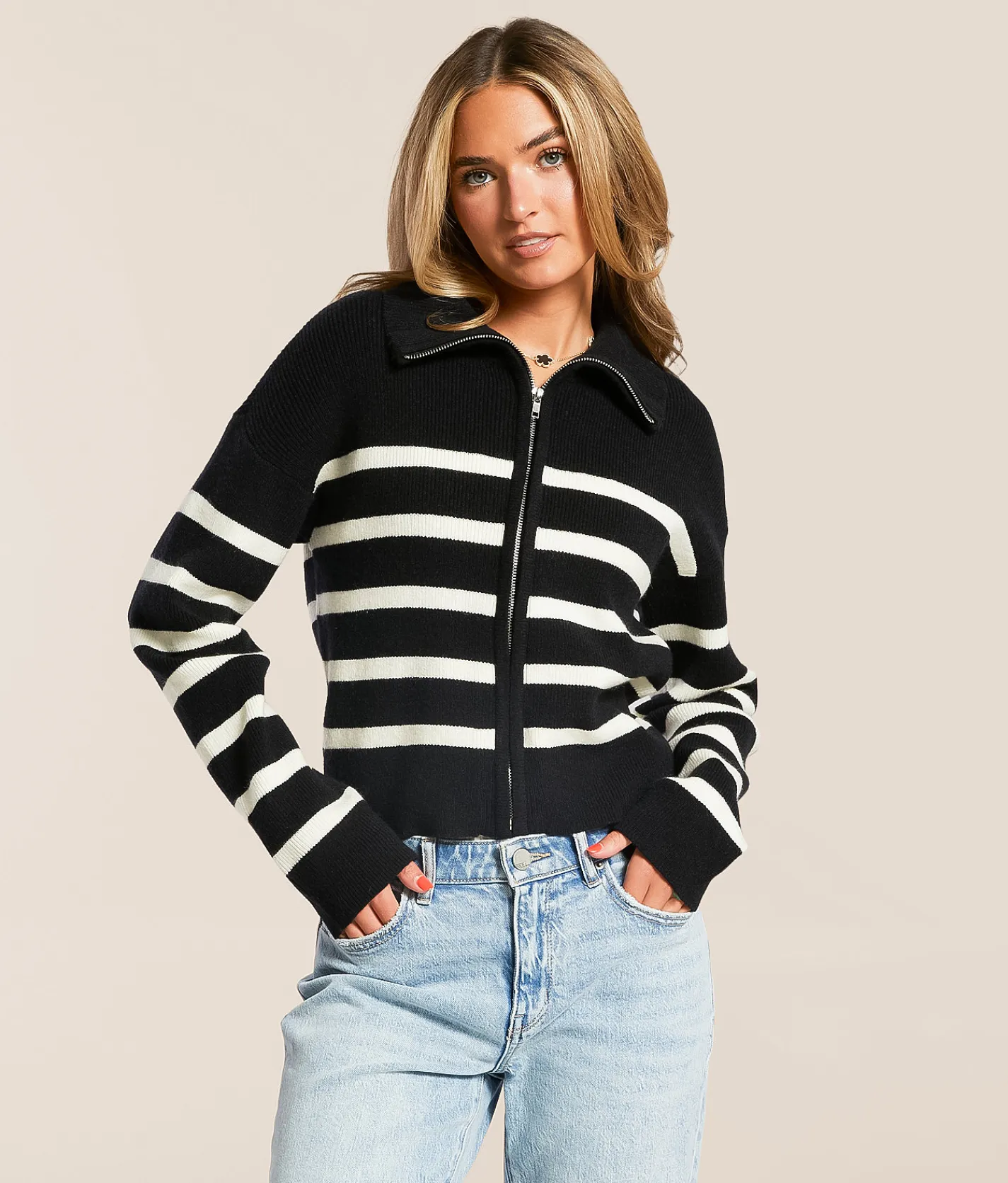 Double Zero Striped Sweater Cream Black Clearance