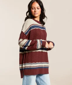 Tops | Gilded Intent Striped Sweater Burgundy Taupe Navy