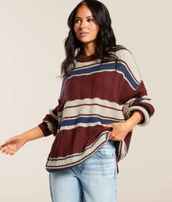 Tops | Gilded Intent Striped Sweater Burgundy Taupe Navy