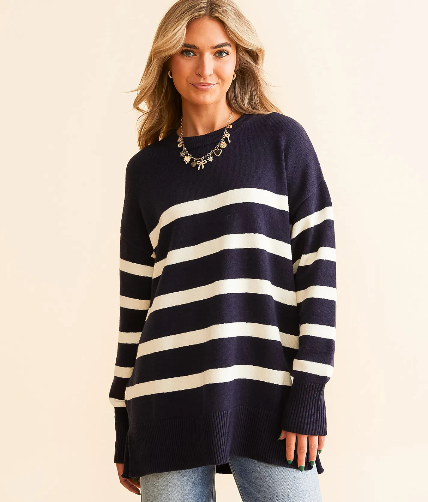 Tops | Blu Pepper Striped Sweater Navy