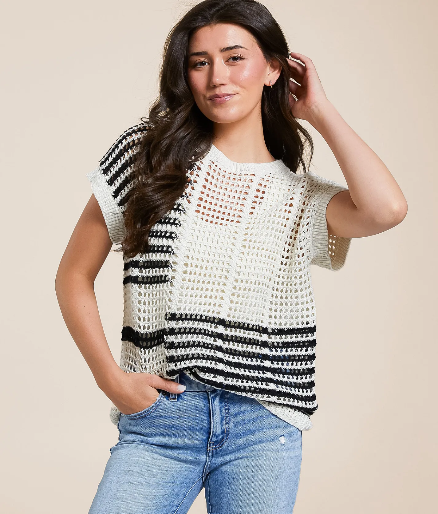 Blu Pepper Striped Sweater Cream Black New