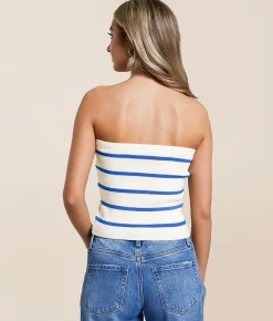 Tops | Double Zero Striped Sweater Cropped Tube Top Blue Cream