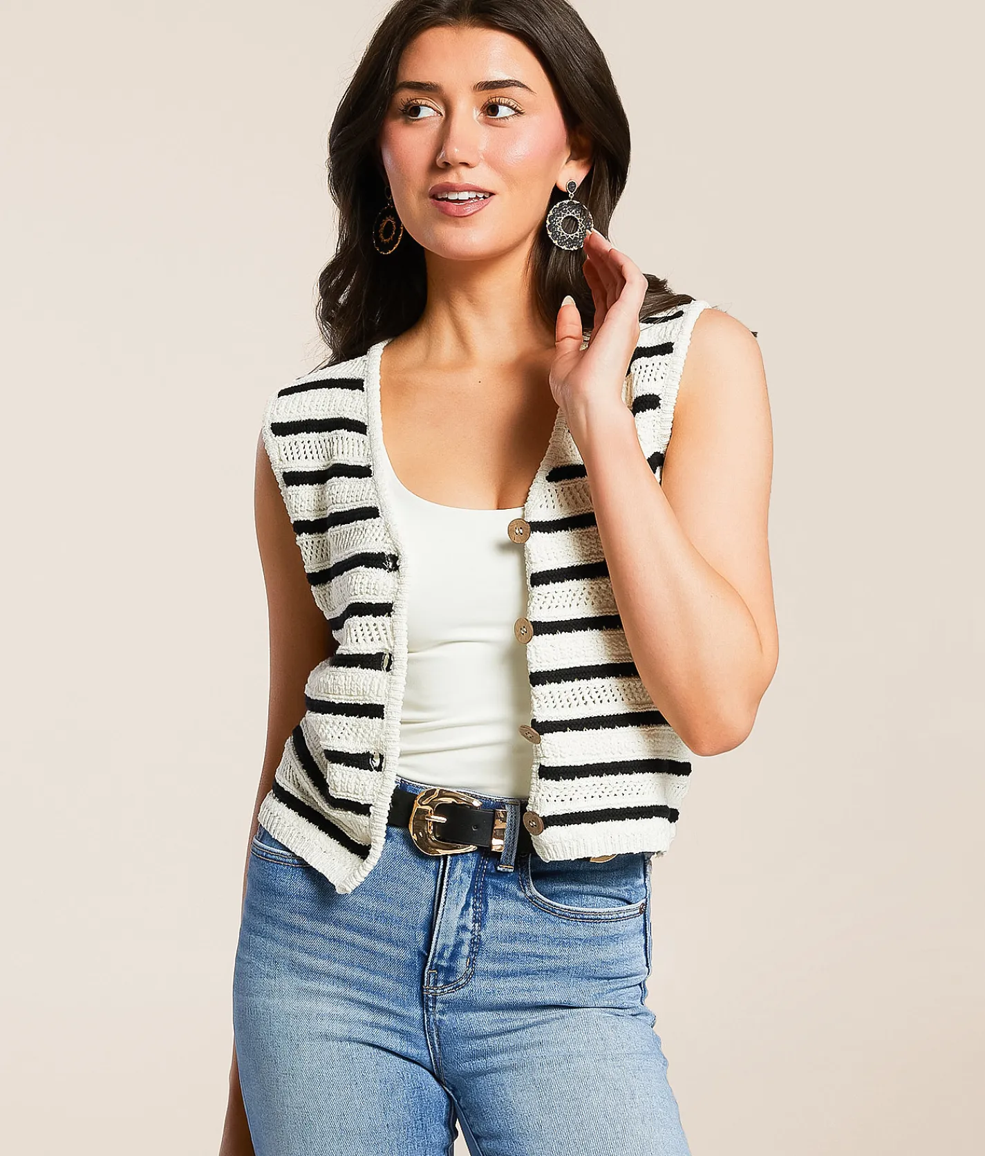 Tops | Double Zero Striped Sweater Tank Top Black Cream