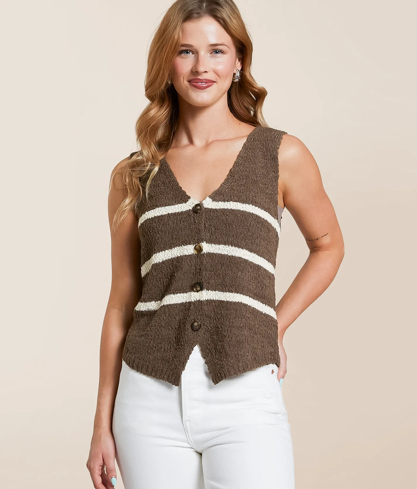 Tops | Blu Pepper Striped Sweater Vest Brown