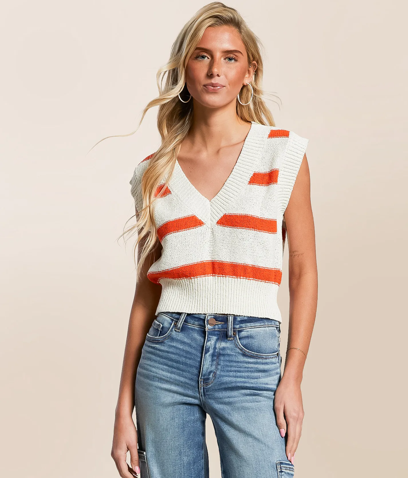 Tops | Double Zero Striped Sweater Vest Tomato Cream