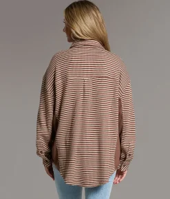 BKE Striped Thermal Boyfriend Shirt Brown Cream Sale