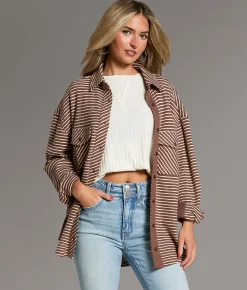 BKE Striped Thermal Boyfriend Shirt Brown Cream Sale