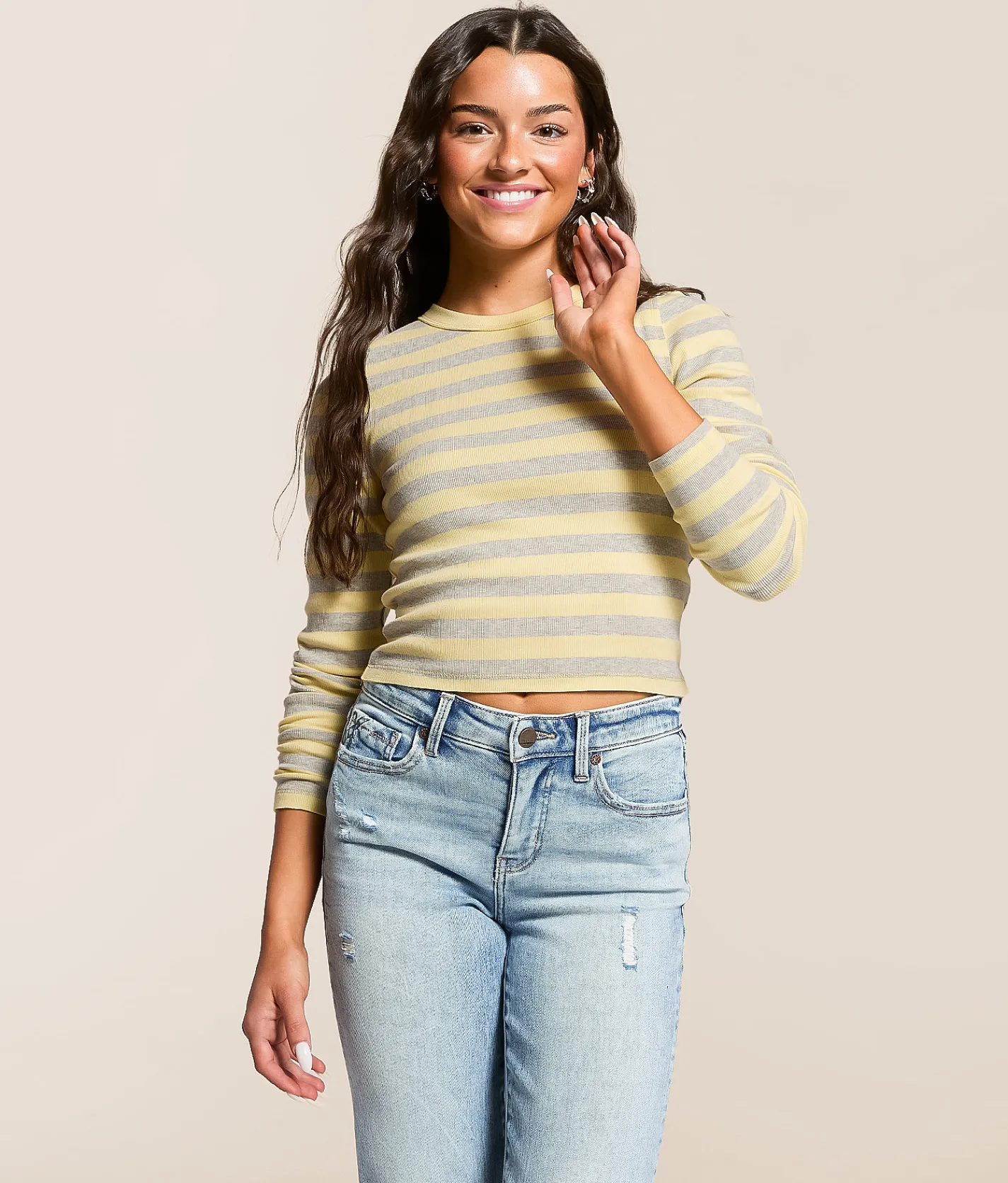 FITZ + EDDI Striped Top Pale Banana Heather Grey Clearance