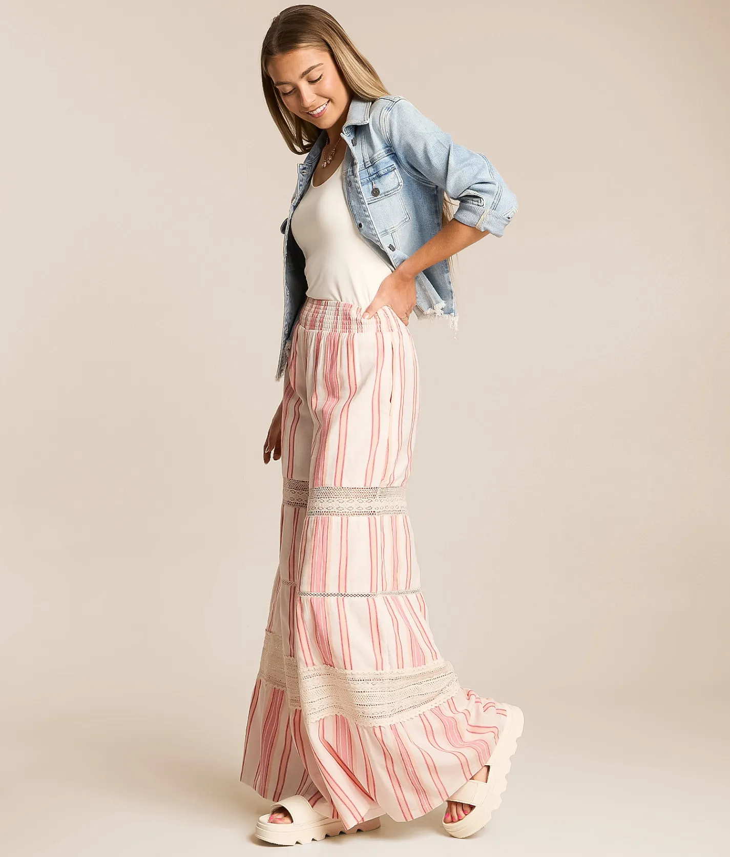 Bottoms | Angie Striped Wide Leg Beach Pant Coral