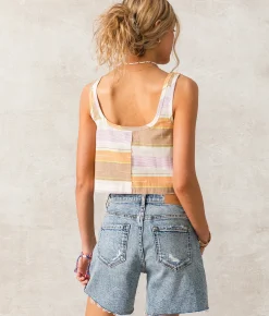 Tops | 33 Coastal Striped Woven Cropped Tank Top Taupe White