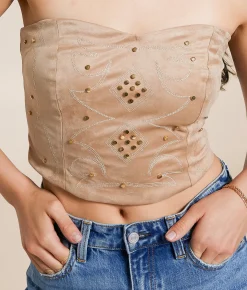 Blue B Studded Faux Suede Tube Top Sand New