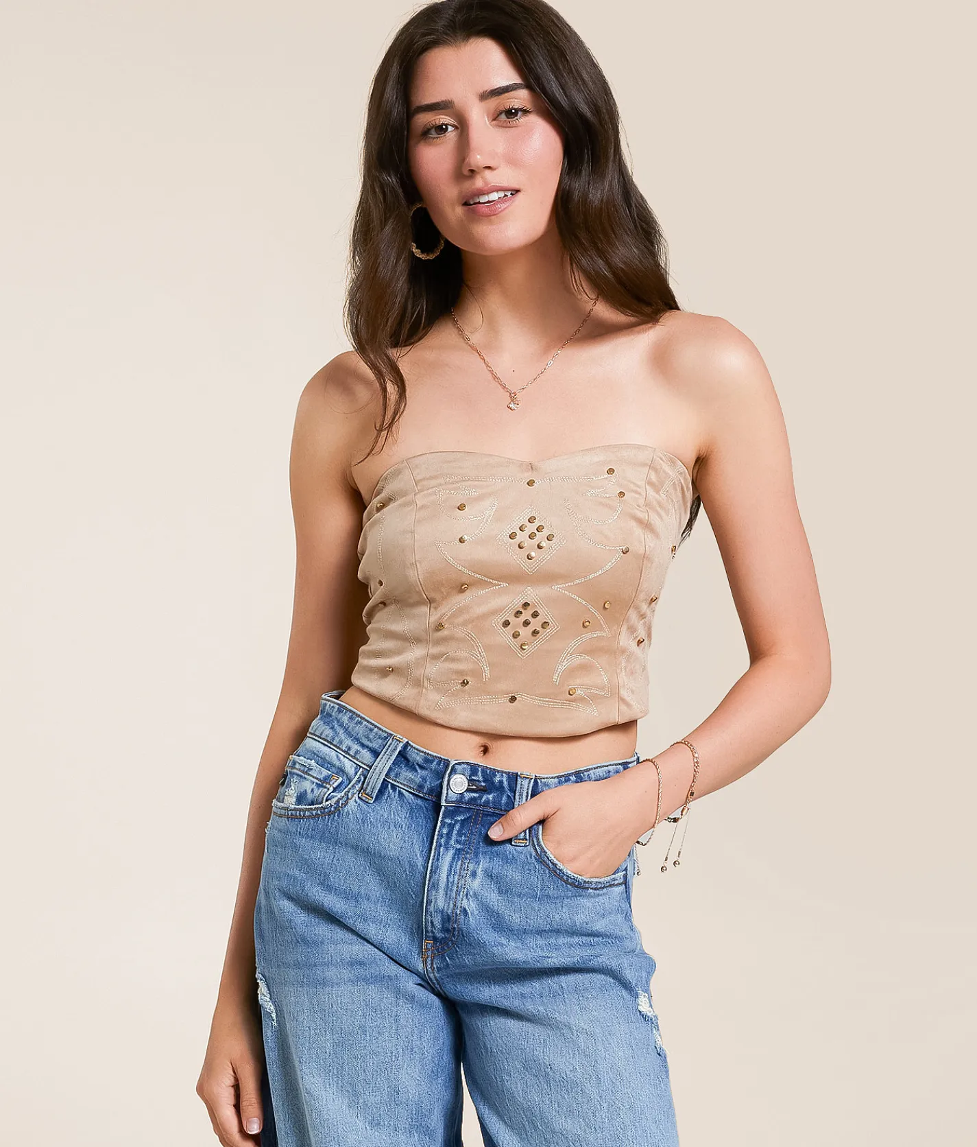Blue B Studded Faux Suede Tube Top Sand New