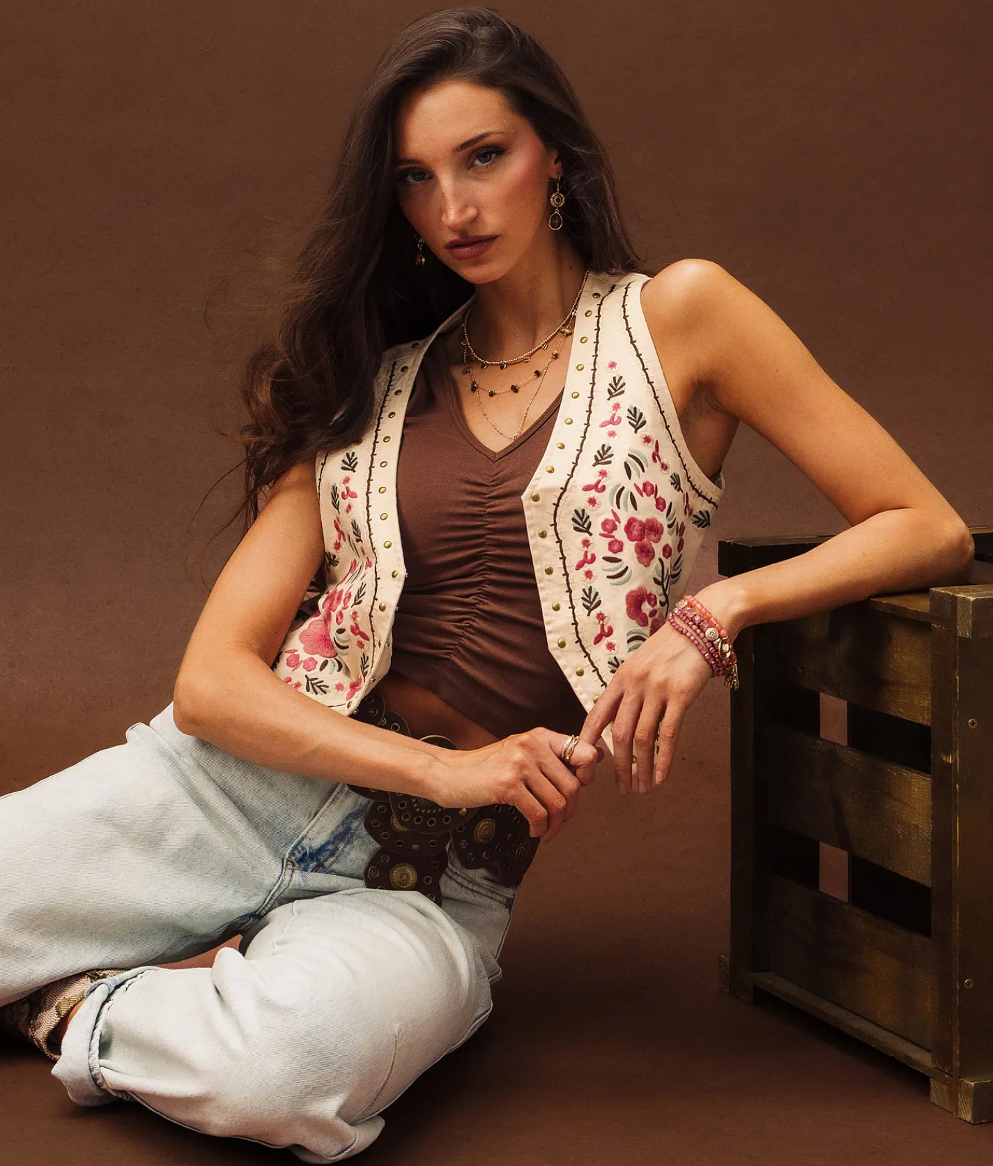 Tops|Coats & Jackets | Sterling & Stitch Studded Floral Denim Stretch Vest Cream Multi