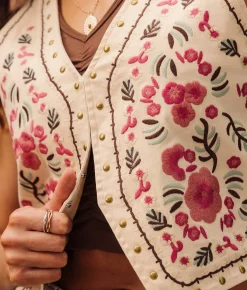 Tops|Coats & Jackets | Sterling & Stitch Studded Floral Denim Stretch Vest Cream Multi