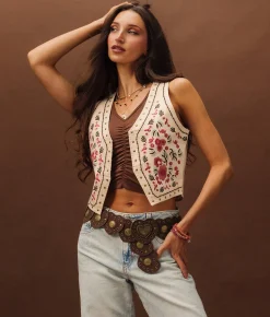 Tops|Coats & Jackets | Sterling & Stitch Studded Floral Denim Stretch Vest Cream Multi