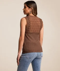 Tops | Miss Me Studded Lace Tank Top Taupe Beige