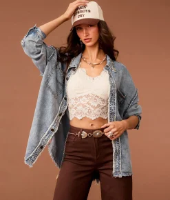 Sterling & Stitch Studded Western Chambray Shirt Light Wash