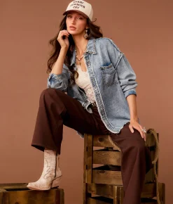 Sterling & Stitch Studded Western Chambray Shirt Light Wash