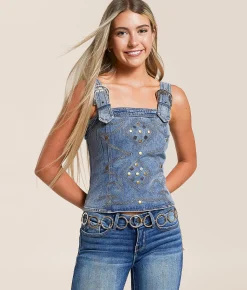 Tops | Blue B Studded Western Denim Stretch Tank Top Sand