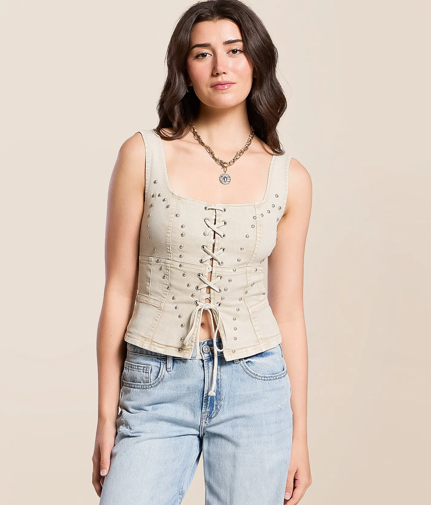 Blue B Studded Western Denim Stretch Tank Top Sand Online