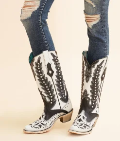 Circle G by Corral Studded Western Leather Boot LD White Black New