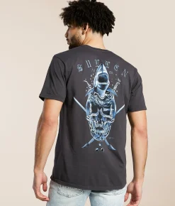 Sullen Adis Badge T-Shirt Grey Pinstripe New