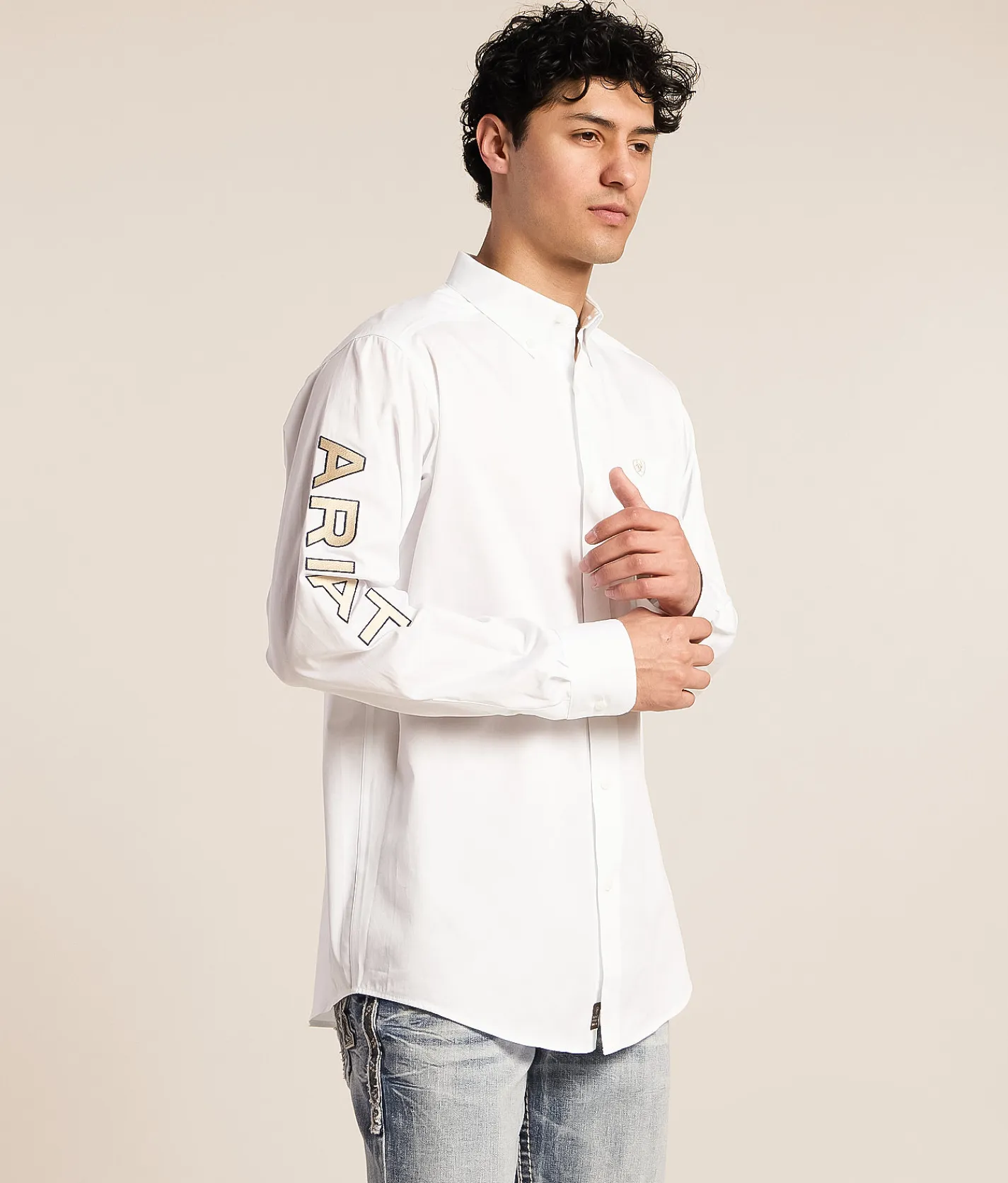 Tops | Ariat Team Logo Twill Classic Shirt White Khaki