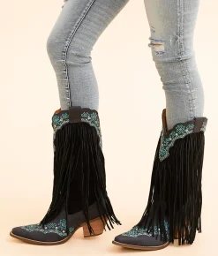 Dingo Tequila Sunrise Fringe Western Leather Boot Black Sale
