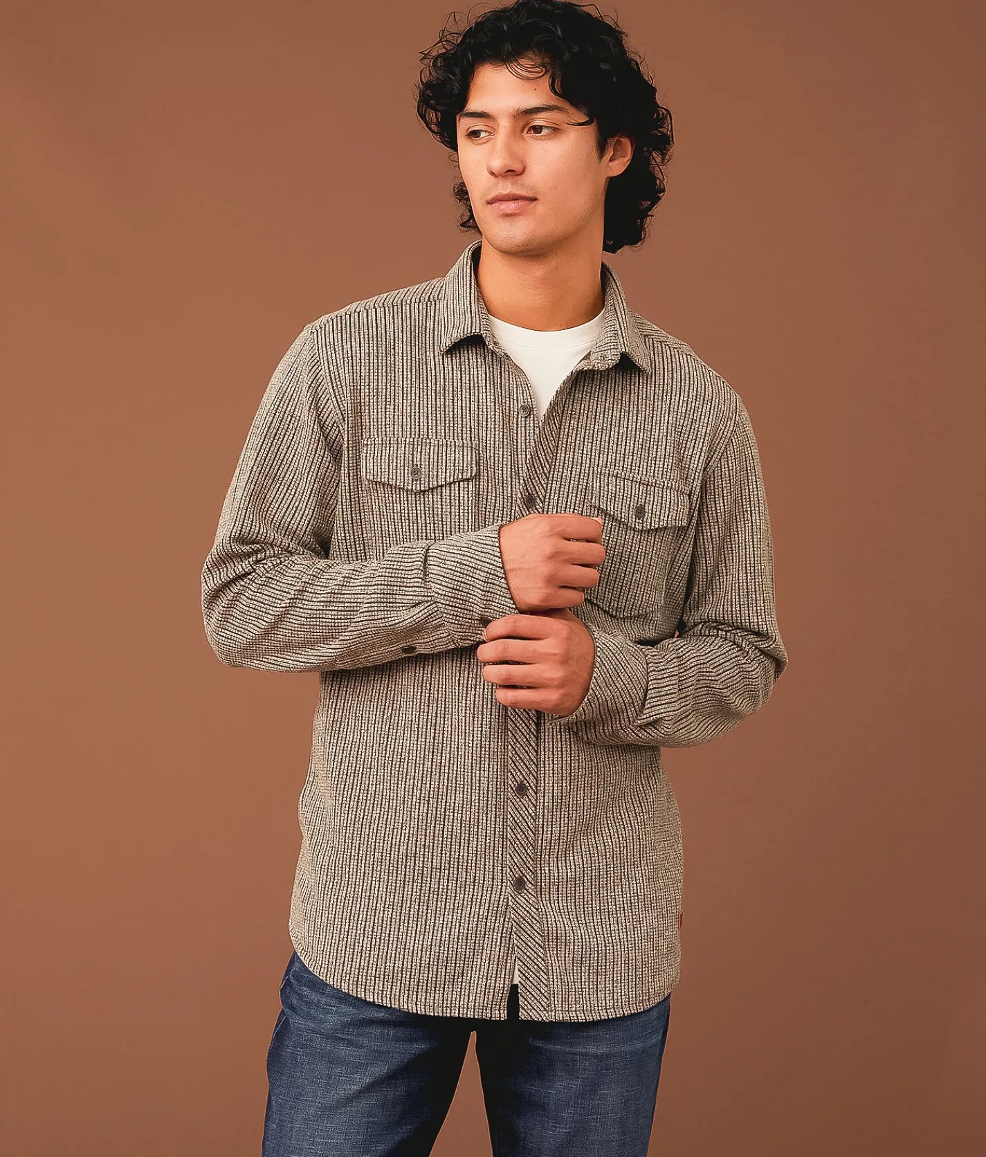 Outpost Makers Textured Athletic Knit Shirt Brown Cream Sale